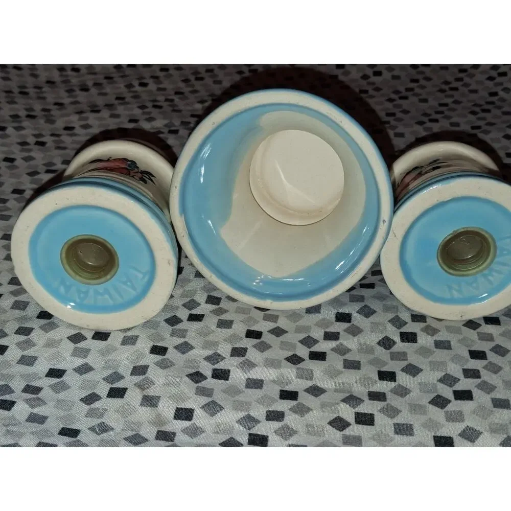 Vintage Blue and White Salt & Pepper Shakers w/ Apple Pattern and Candle Holder